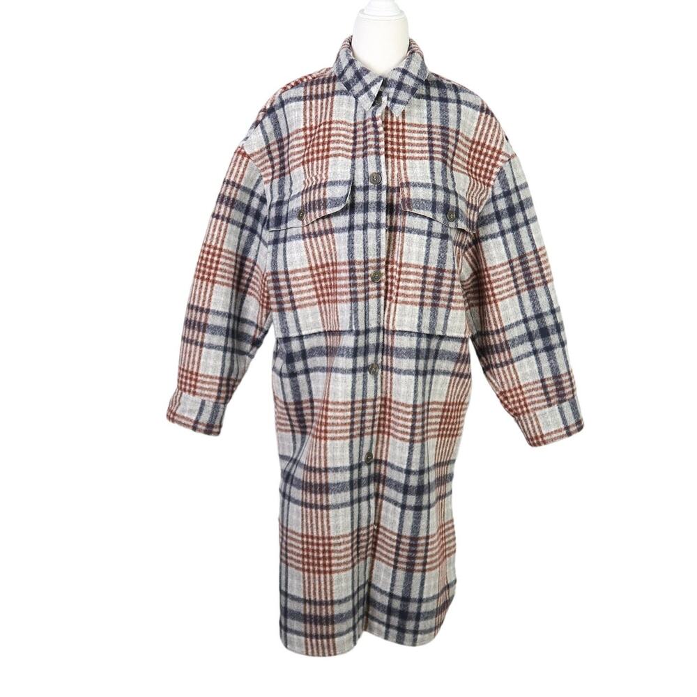 ZARA grey and navy blue plaid faux wool knit mid length coat S